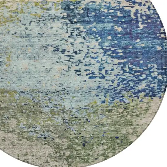 8' Blue And Beige Round Abstract Washable Indoor Outdoor Area Rug Photo 4