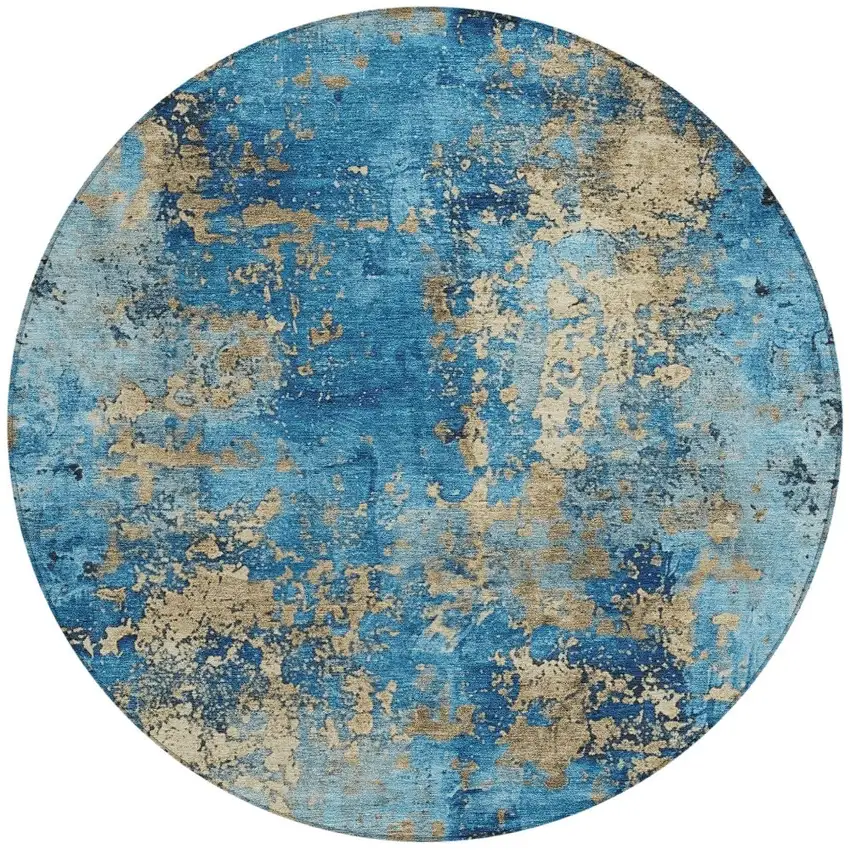 8' Blue And Beige Round Abstract Washable Indoor Outdoor Area Rug Photo 3