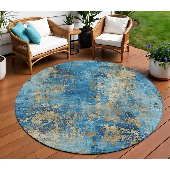 8' Blue And Beige Round Abstract Washable Indoor Outdoor Area Rug Photo 2