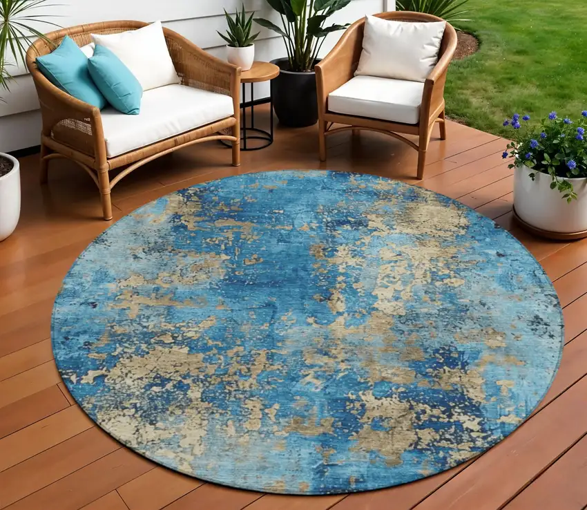8' Blue And Beige Round Abstract Washable Indoor Outdoor Area Rug Photo 2