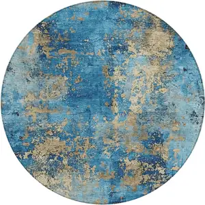 Photo of 8' Blue And Beige Round Abstract Washable Indoor Outdoor Area Rug