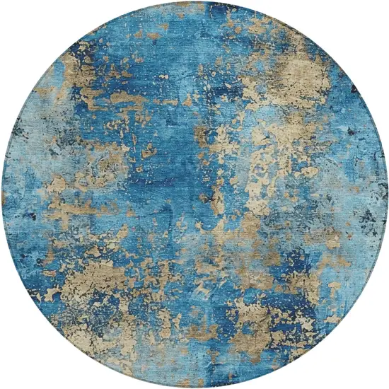 8' Blue And Beige Round Abstract Washable Indoor Outdoor Area Rug Photo 1