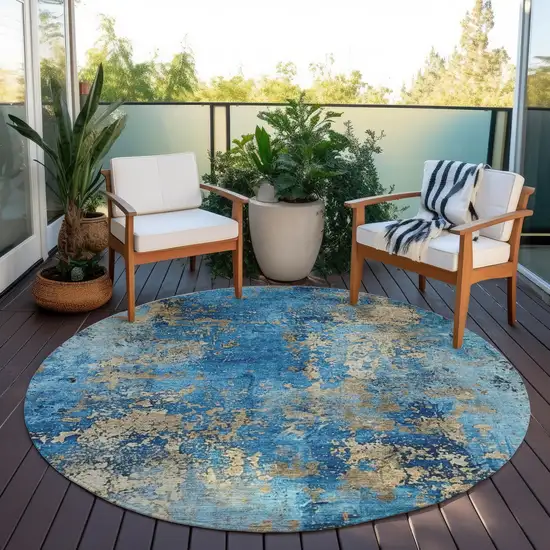 8' Blue And Beige Round Abstract Washable Indoor Outdoor Area Rug Photo 5