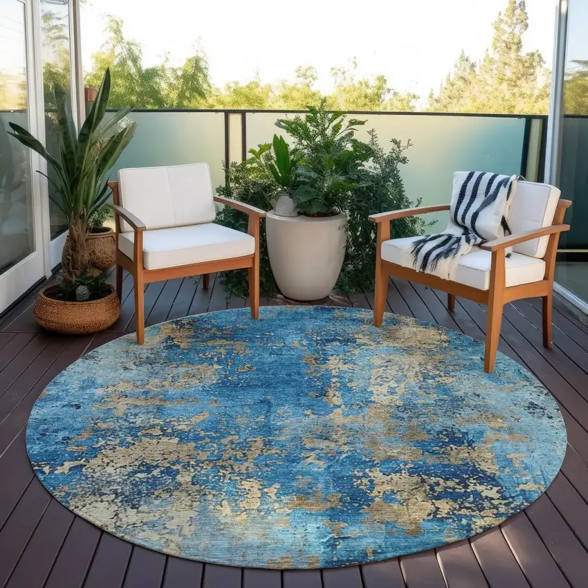 8' Blue And Beige Round Abstract Washable Indoor Outdoor Area Rug Photo 5