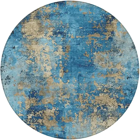 8' Blue And Beige Round Abstract Washable Indoor Outdoor Area Rug Photo 4