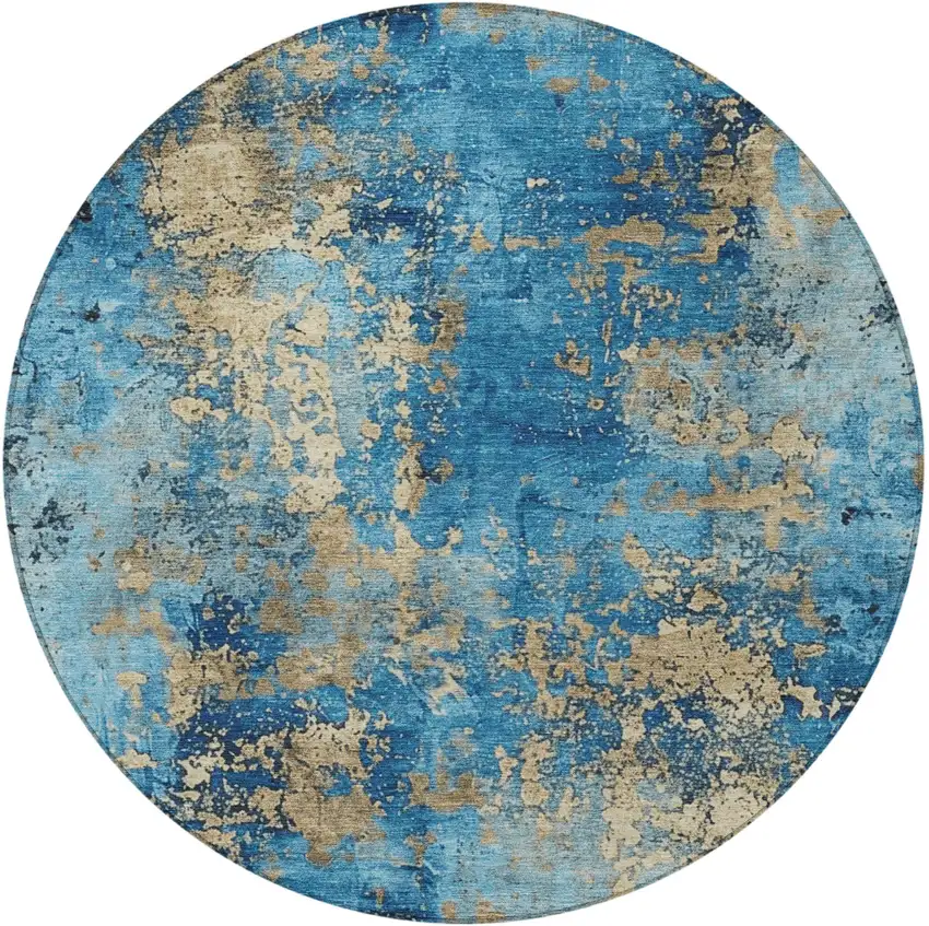 8' Blue And Beige Round Abstract Washable Indoor Outdoor Area Rug Photo 4