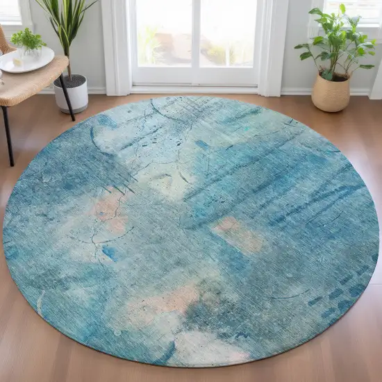 8' Blue And Beige Round Abstract Washable Indoor Outdoor Area Rug Photo 4