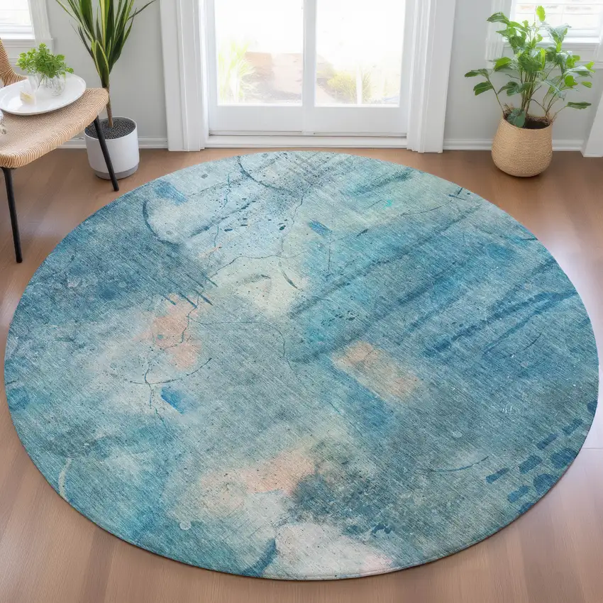 8' Blue And Beige Round Abstract Washable Indoor Outdoor Area Rug Photo 4
