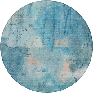 Photo of 8' Blue And Beige Round Abstract Washable Indoor Outdoor Area Rug