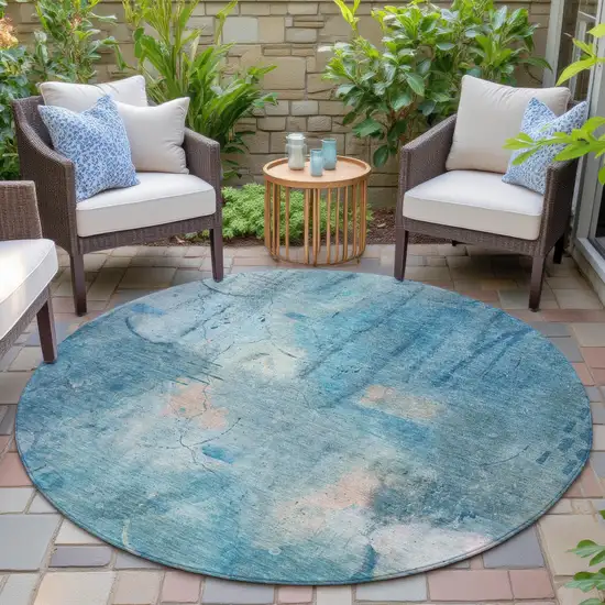 8' Blue And Beige Round Abstract Washable Indoor Outdoor Area Rug Photo 5