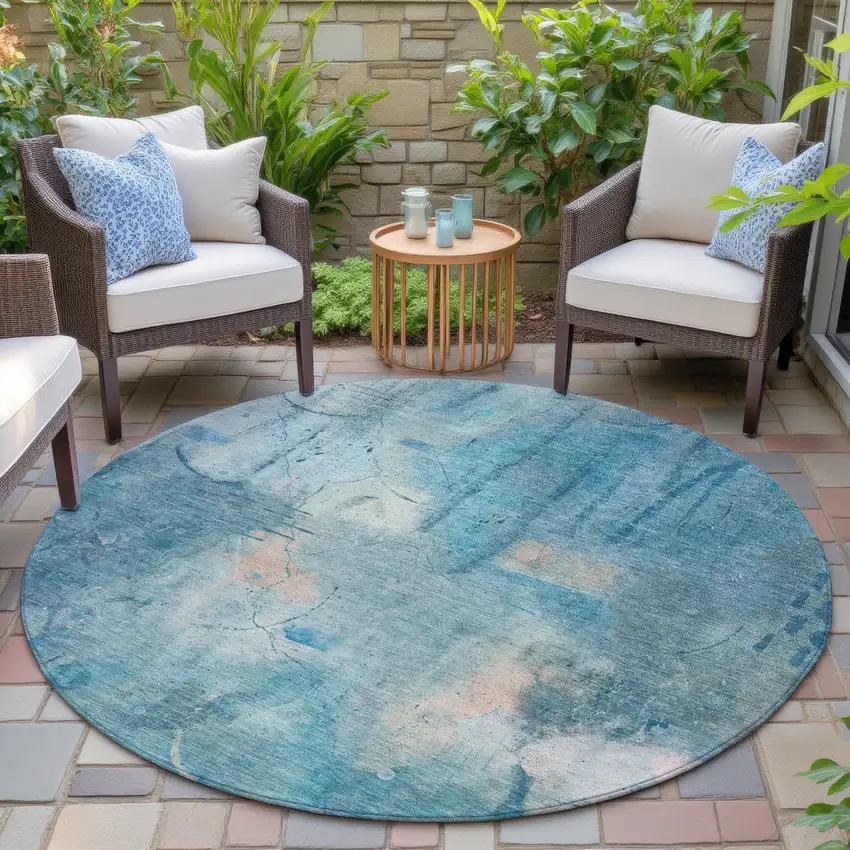 8' Blue And Beige Round Abstract Washable Indoor Outdoor Area Rug Photo 5