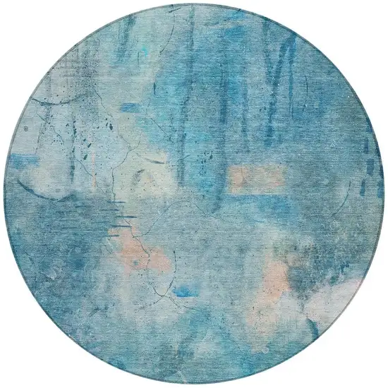 8' Blue And Beige Round Abstract Washable Indoor Outdoor Area Rug Photo 2