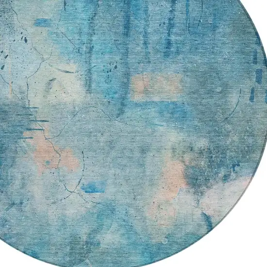 8' Blue And Beige Round Abstract Washable Indoor Outdoor Area Rug Photo 8