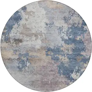 Photo of 8' Blue And Beige Round Abstract Washable Indoor Outdoor Area Rug