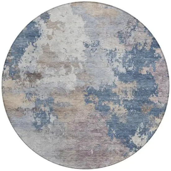 8' Blue And Beige Round Abstract Washable Indoor Outdoor Area Rug Photo 2