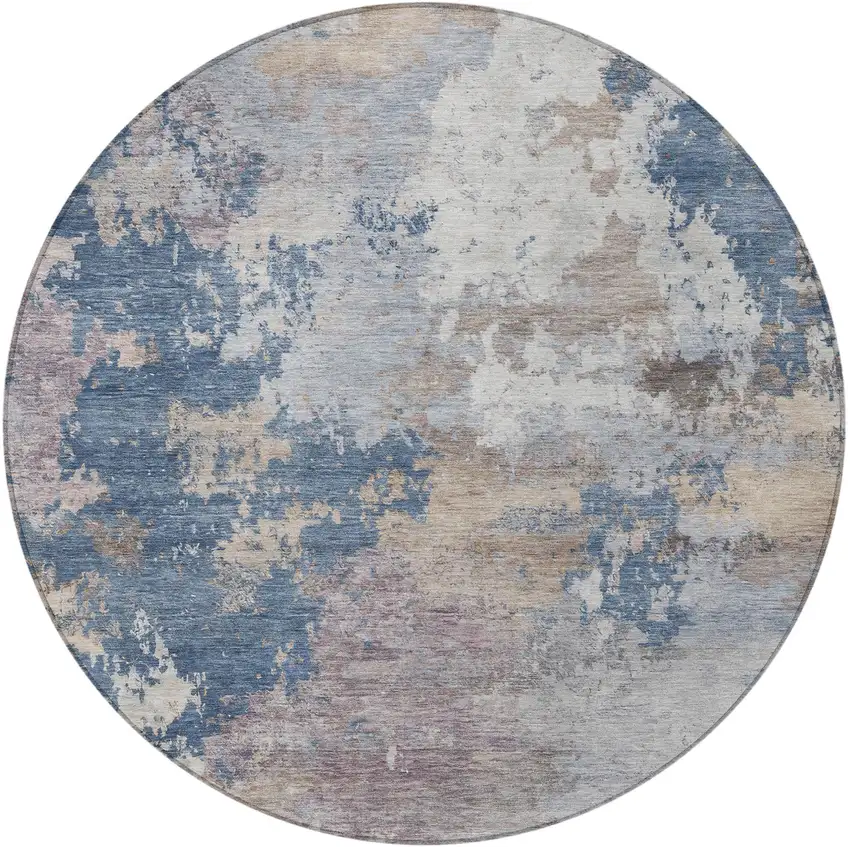 8' Blue And Beige Round Abstract Washable Indoor Outdoor Area Rug Photo 3