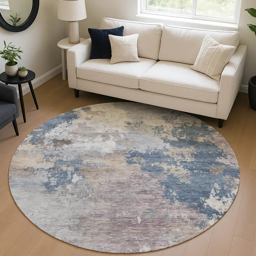 8' Blue And Beige Round Abstract Washable Indoor Outdoor Area Rug Photo 5