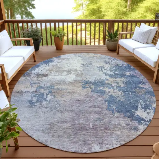 8' Blue And Beige Round Abstract Washable Indoor Outdoor Area Rug Photo 4