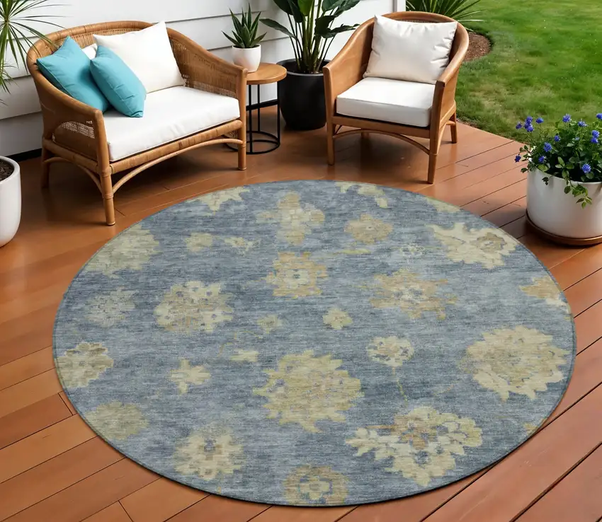8' Blue And Beige Round Floral Washable Indoor Outdoor Area Rug Photo 1