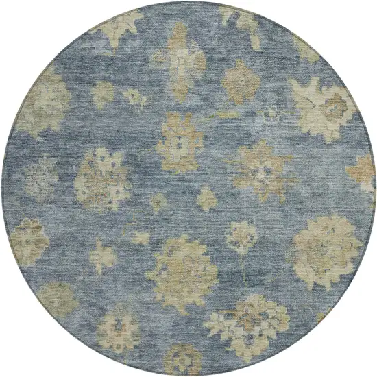 8' Blue And Beige Round Floral Washable Indoor Outdoor Area Rug Photo 2
