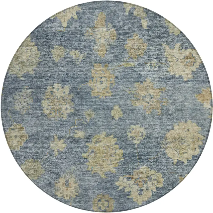 8' Blue And Beige Round Floral Washable Indoor Outdoor Area Rug Photo 2