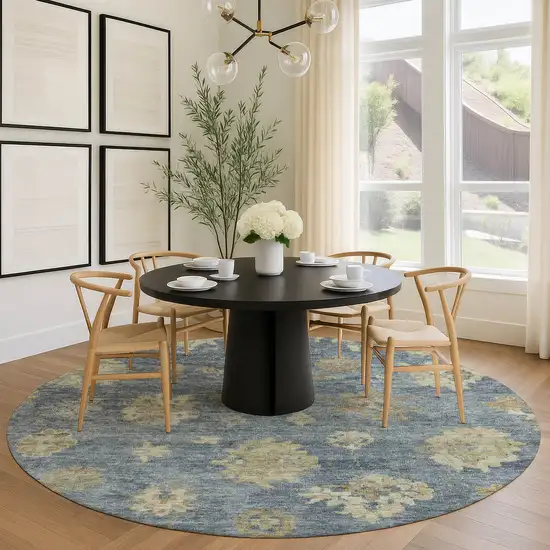 8' Blue And Beige Round Floral Washable Indoor Outdoor Area Rug Photo 9
