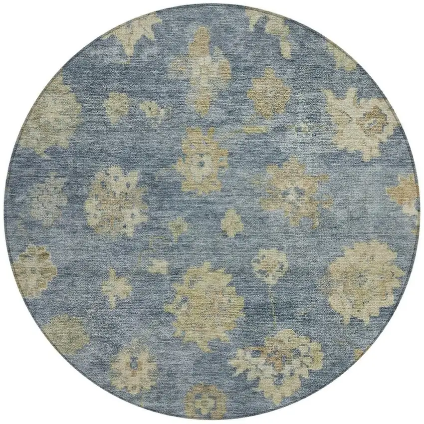 8' Blue And Beige Round Floral Washable Indoor Outdoor Area Rug Photo 4