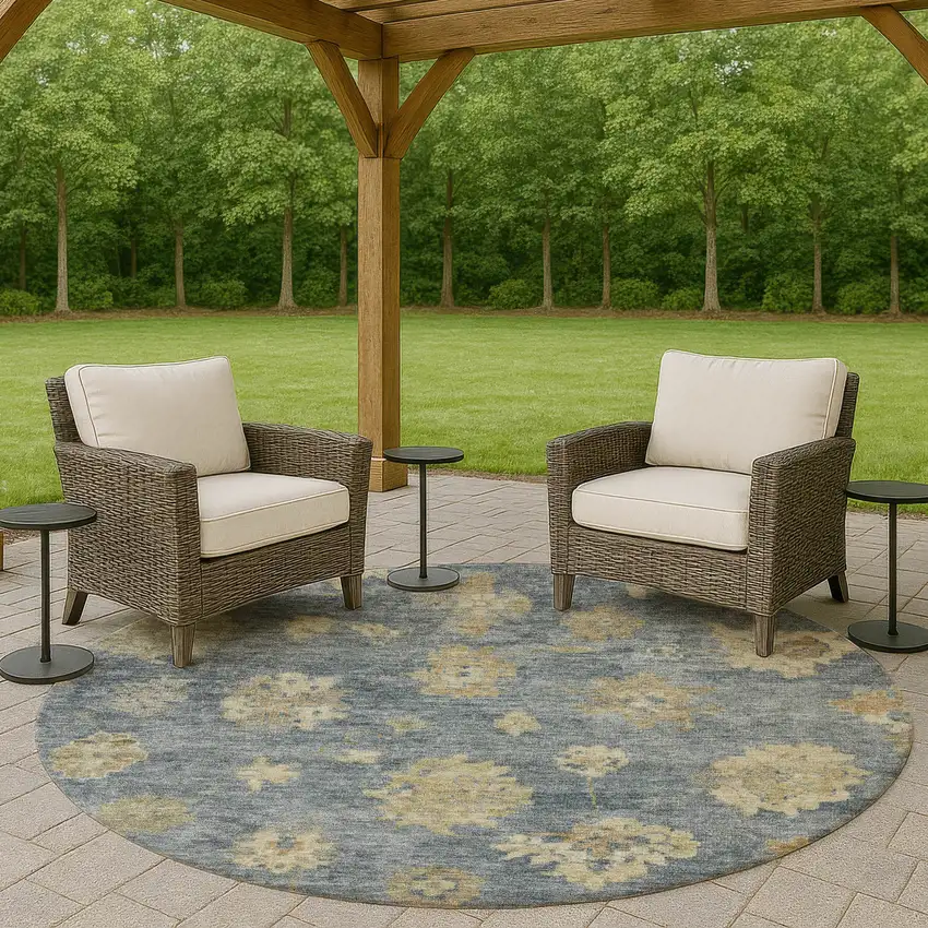 8' Blue And Beige Round Floral Washable Indoor Outdoor Area Rug Photo 8