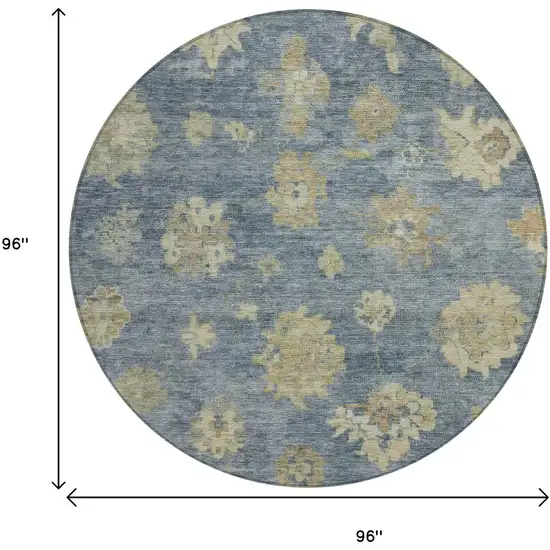 8' Blue And Beige Round Floral Washable Indoor Outdoor Area Rug Photo 3