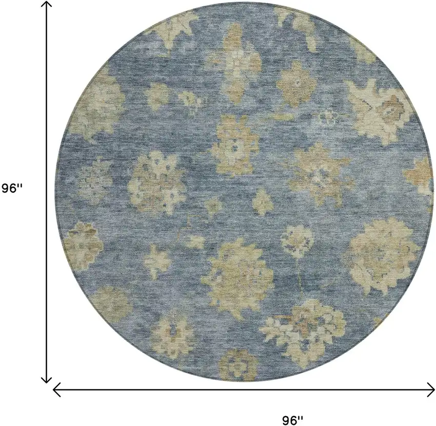 8' Blue And Beige Round Floral Washable Indoor Outdoor Area Rug Photo 3