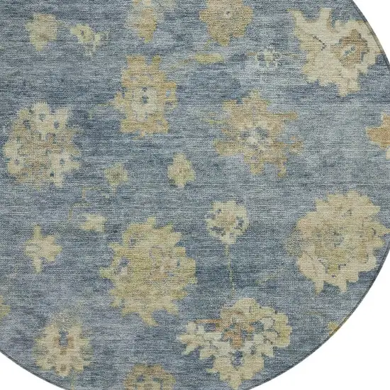 8' Blue And Beige Round Floral Washable Indoor Outdoor Area Rug Photo 7