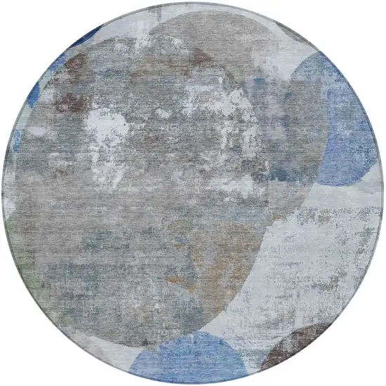 8' Blue And Beige Round Geometric Washable Indoor Outdoor Area Rug Photo 3