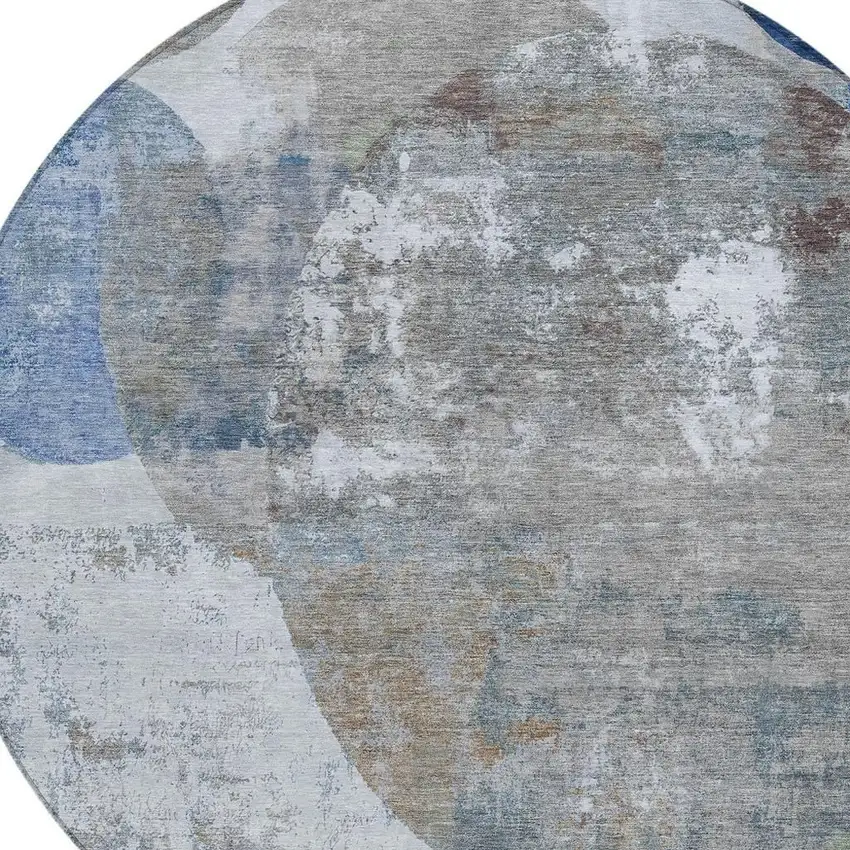 8' Blue And Beige Round Geometric Washable Indoor Outdoor Area Rug Photo 2