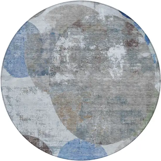 8' Blue And Beige Round Geometric Washable Indoor Outdoor Area Rug Photo 1