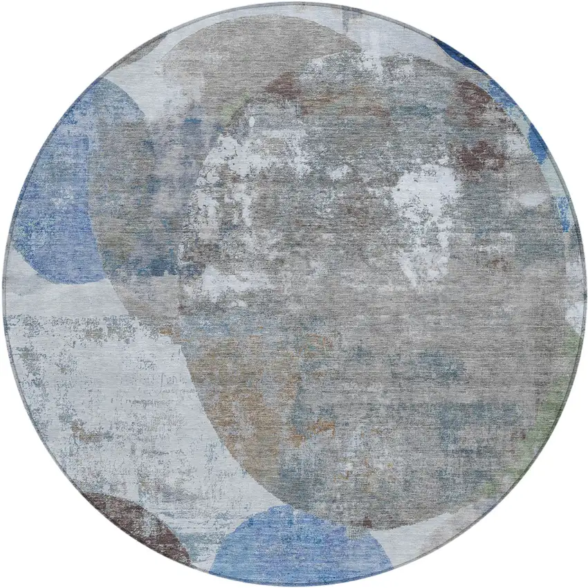 8' Blue And Beige Round Geometric Washable Indoor Outdoor Area Rug Photo 1