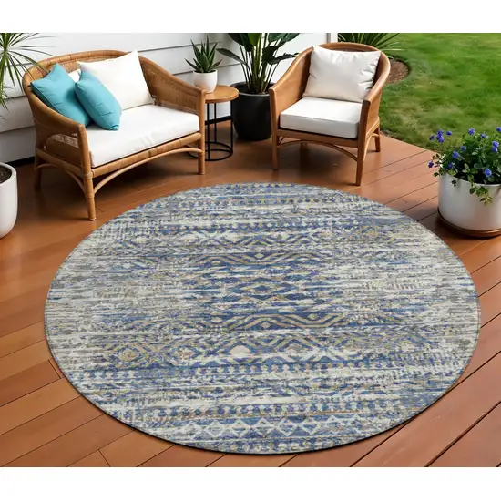 8' Blue And Beige Round Moroccan Washable Indoor Outdoor Area Rug Photo 2