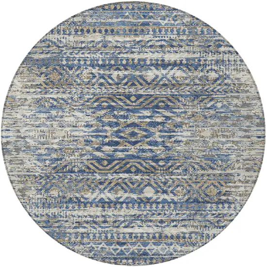 8' Blue And Beige Round Moroccan Washable Indoor Outdoor Area Rug Photo 3