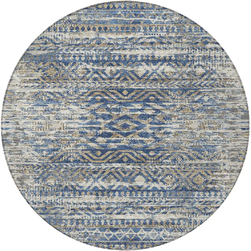 8' Blue And Beige Round Moroccan Washable Indoor Outdoor Area Rug Photo 3