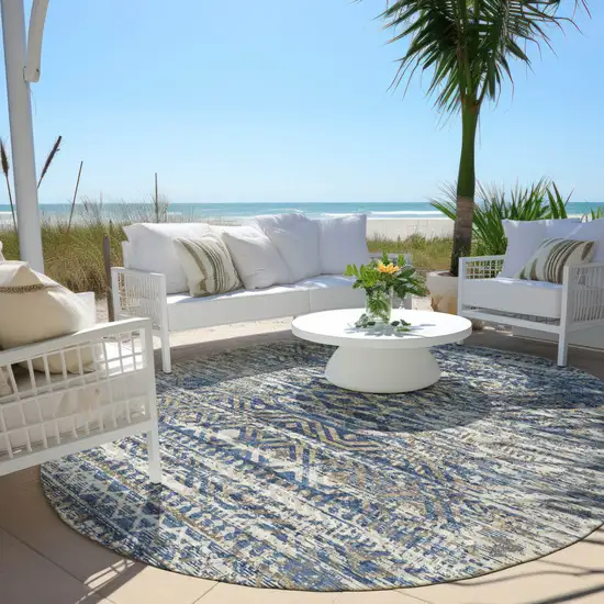 8' Blue And Beige Round Moroccan Washable Indoor Outdoor Area Rug Photo 5