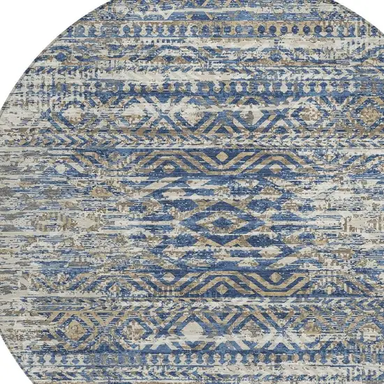8' Blue And Beige Round Moroccan Washable Indoor Outdoor Area Rug Photo 8