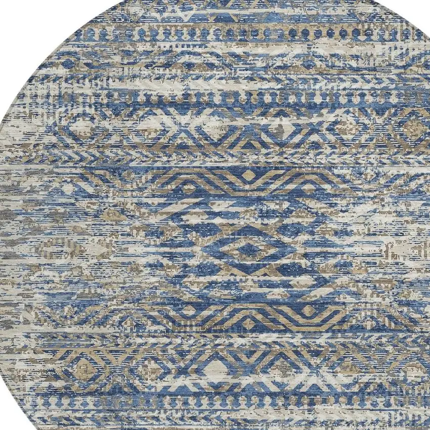 8' Blue And Beige Round Moroccan Washable Indoor Outdoor Area Rug Photo 8