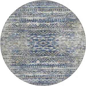Photo of 8' Blue And Beige Round Moroccan Washable Indoor Outdoor Area Rug
