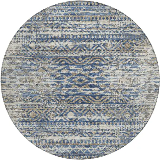 8' Blue And Beige Round Moroccan Washable Indoor Outdoor Area Rug Photo 1