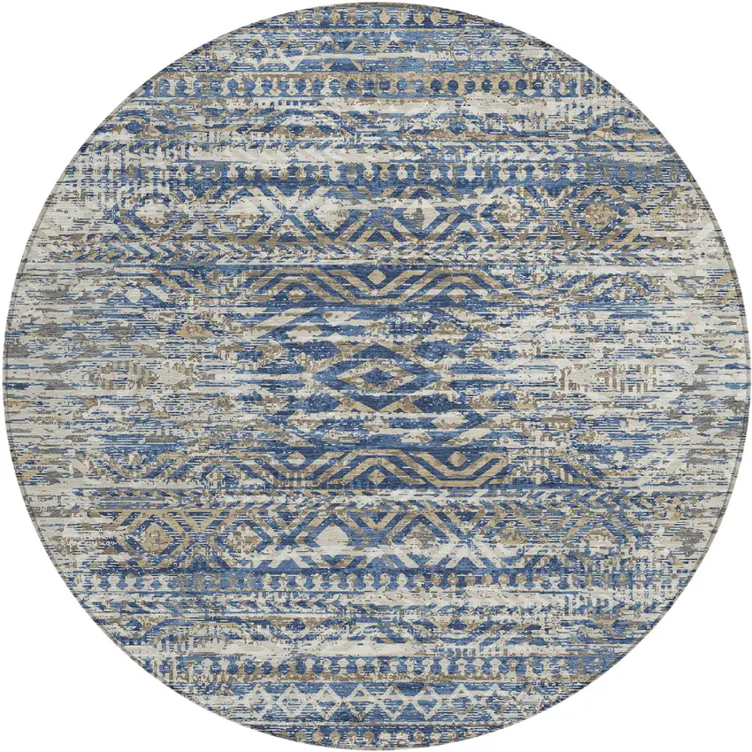 8' Blue And Beige Round Moroccan Washable Indoor Outdoor Area Rug Photo 1