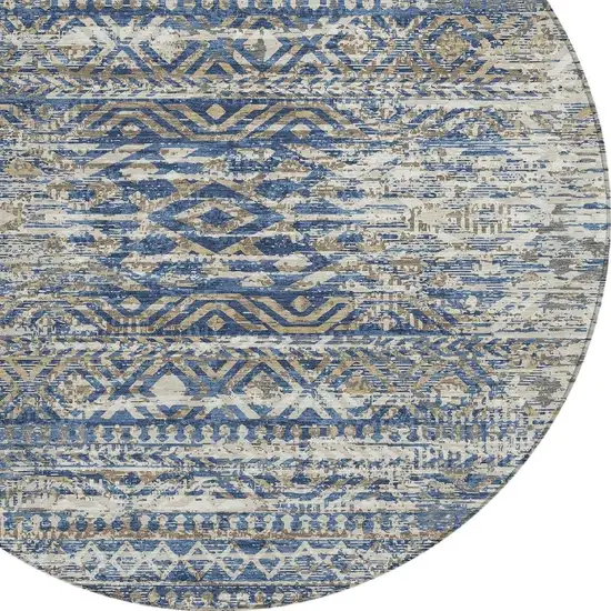 8' Blue And Beige Round Moroccan Washable Indoor Outdoor Area Rug Photo 4