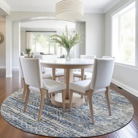 8' Blue And Beige Round Moroccan Washable Indoor Outdoor Area Rug Photo 6