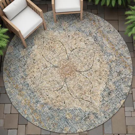 8' Blue And Beige Round Oriental Washable Indoor Outdoor Area Rug Photo 6