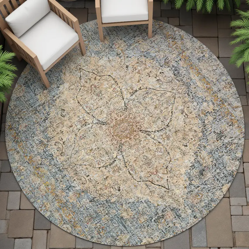 8' Blue And Beige Round Oriental Washable Indoor Outdoor Area Rug Photo 6