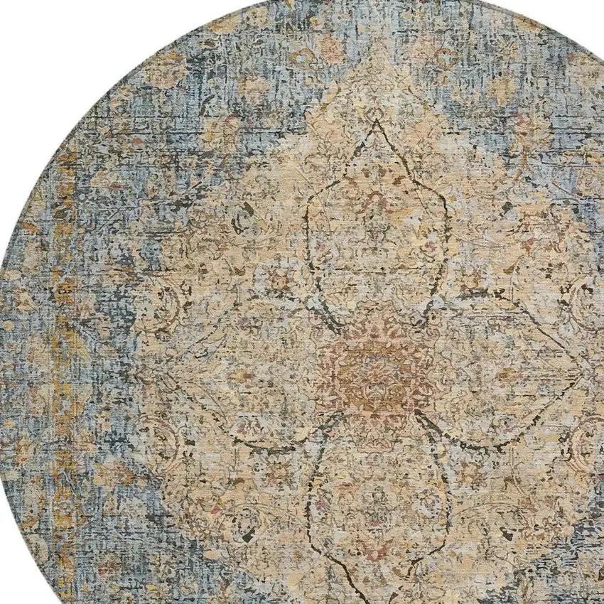 8' Blue And Beige Round Oriental Washable Indoor Outdoor Area Rug Photo 5