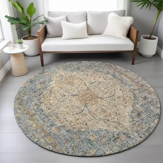 8' Blue And Beige Round Oriental Washable Indoor Outdoor Area Rug Photo 7